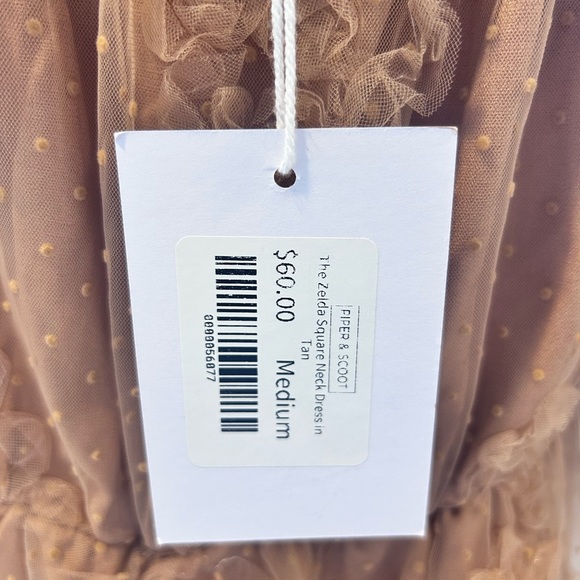 NWT Polagram Zelda Dress Tan Mesh Tulle Ruffled Square Neck - Picture 5 of 5